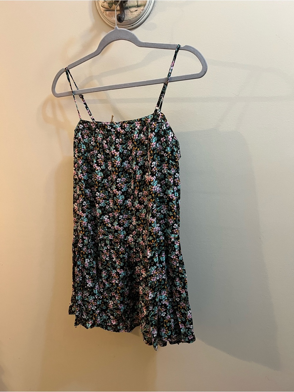 Easel Floral Spaghetti-Strap Mini Skirt - Black with Pink & Green Floral NWT Med